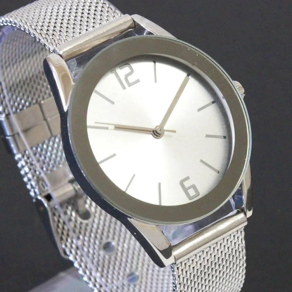 Accutime Ladies Quartz Watch Silver Tone With Wire Milanese Bracelet 34mm